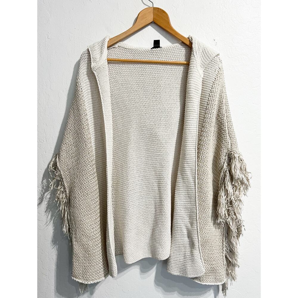 Roffe Knit Fringe Cardigan Sweater Poncho Festival Boho Beige Off White Hood